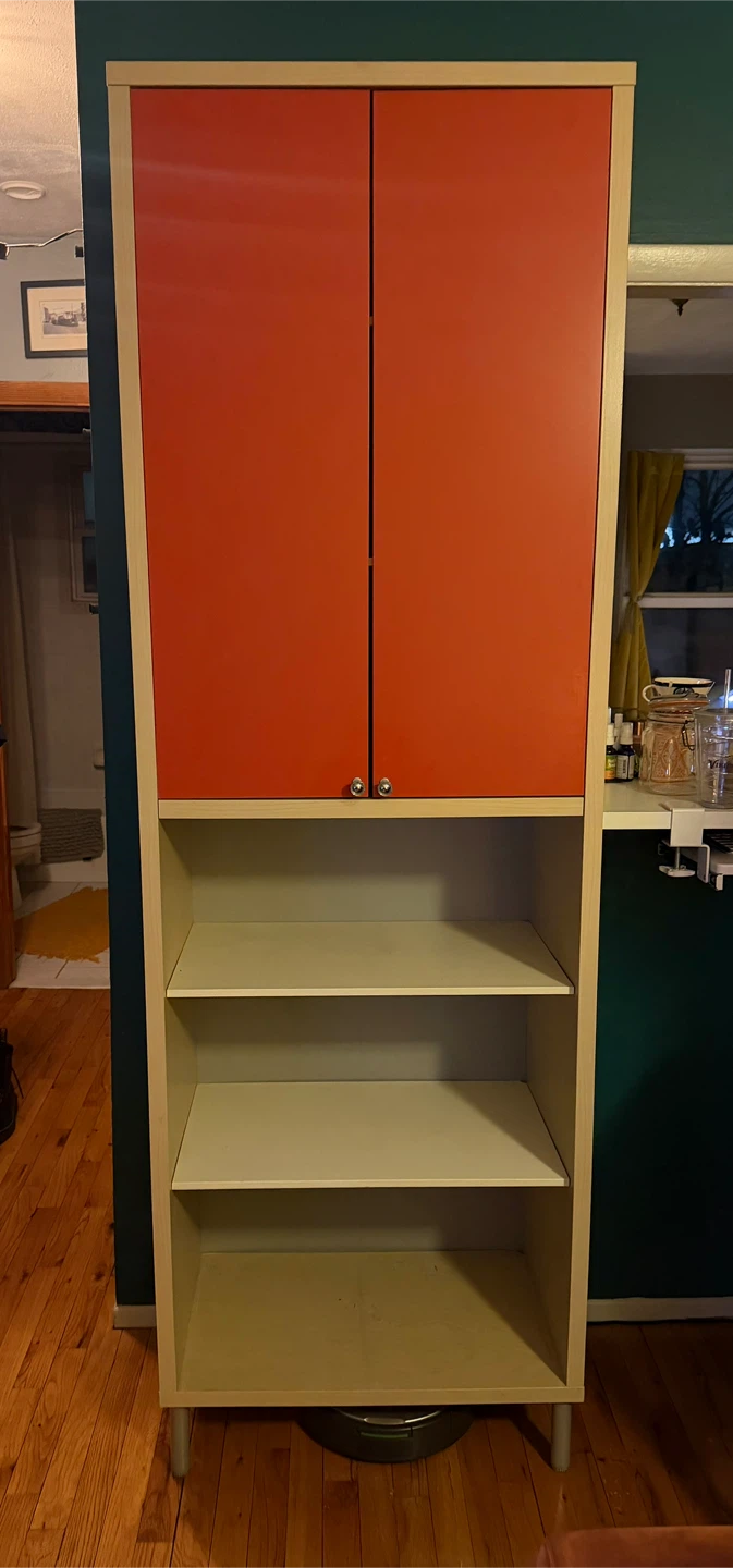 Tall Storage Cabinet with Red Doors and Shelves