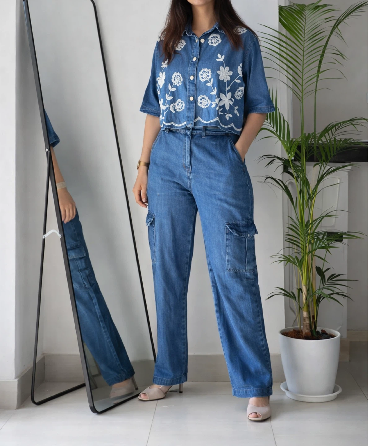 Embroidered Denim Cropped Shirt set