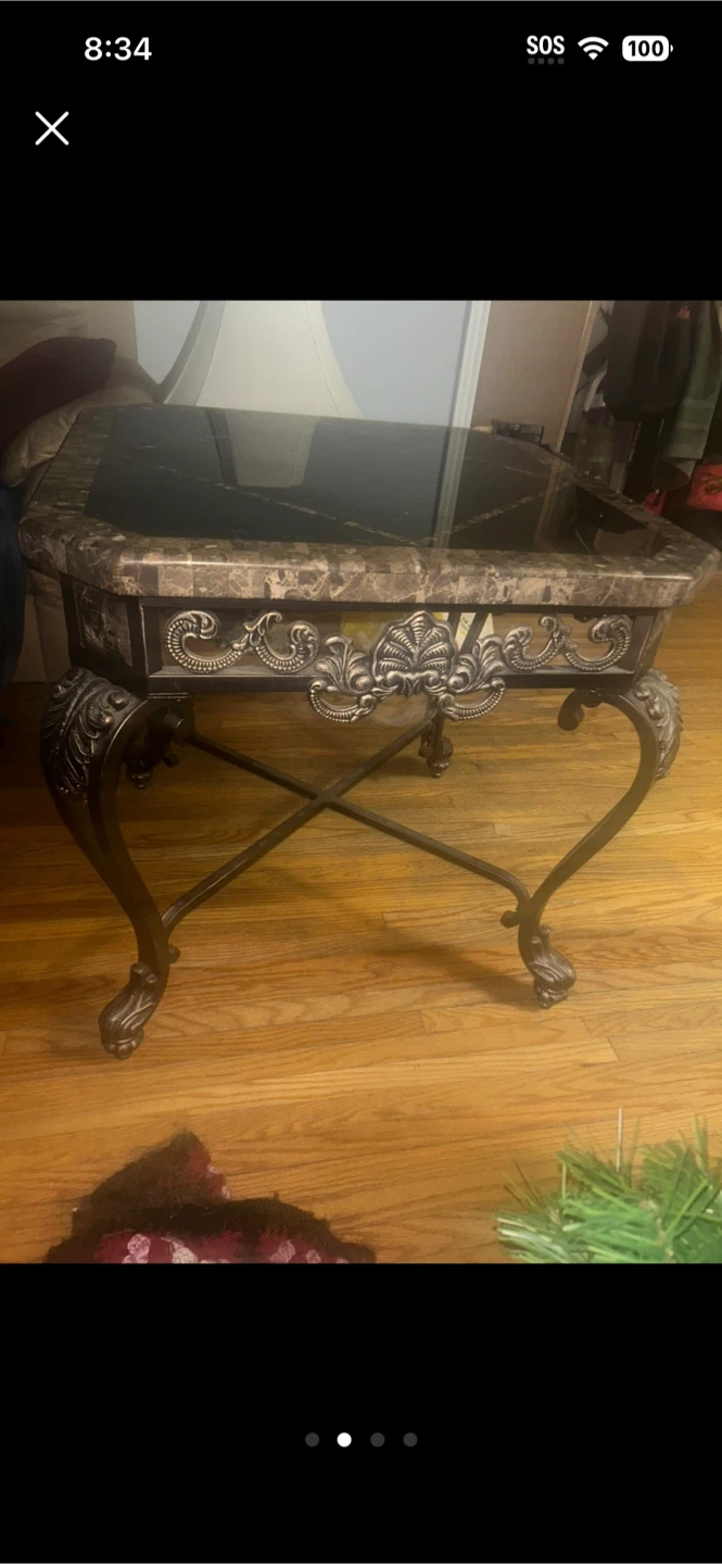 Two Ornate Marble Top  Accent End  Tables