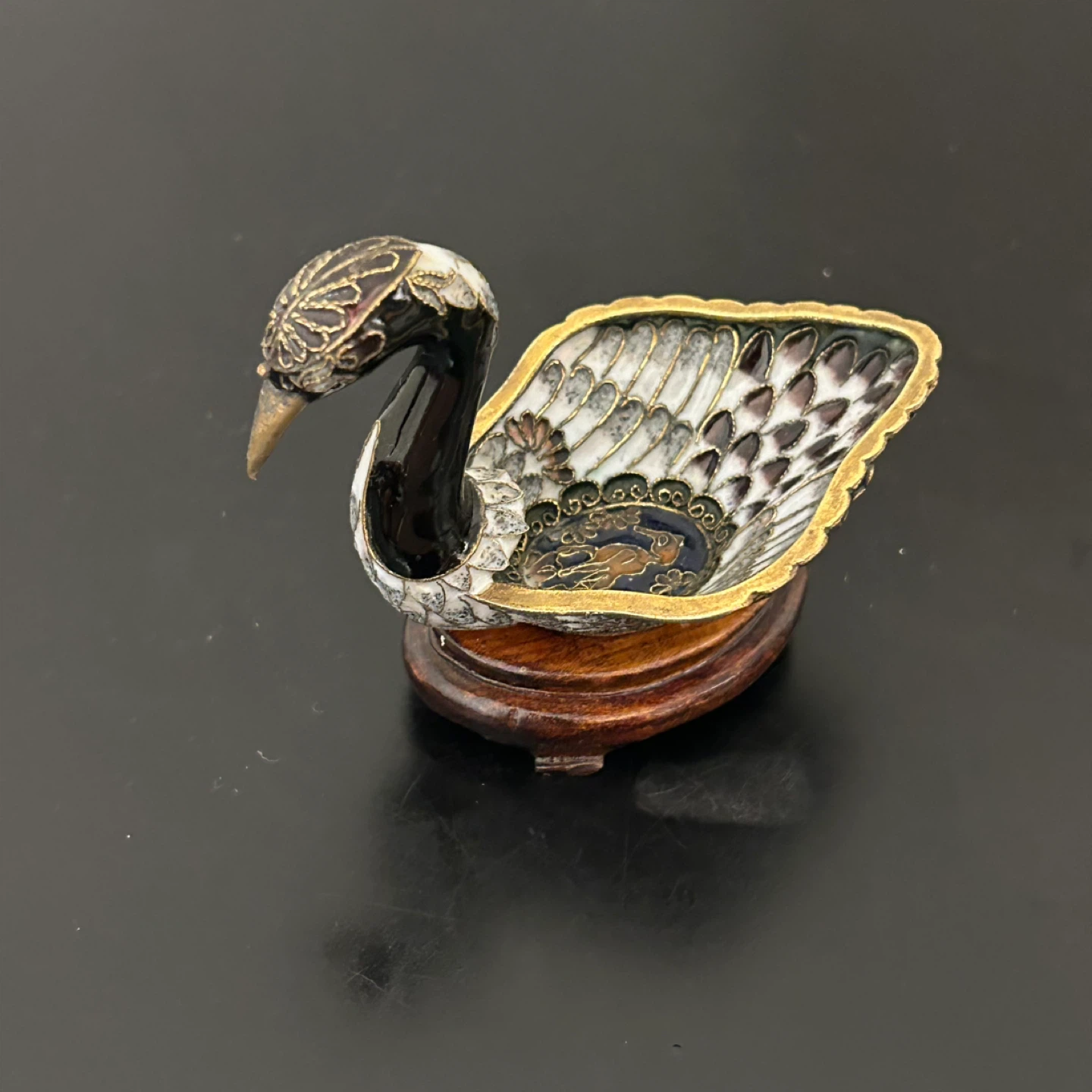 Vintage Cloisonné Swan Small Trinket Dish Enamel Collectible