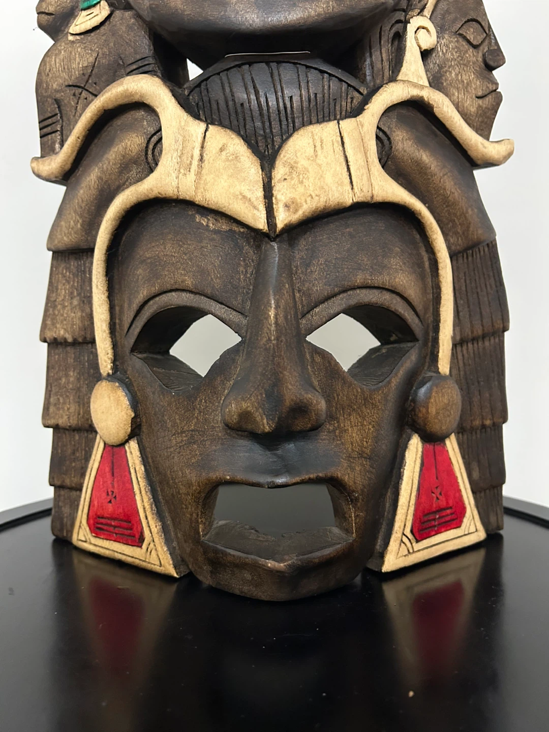 Large 16” Hand-Carved Mayan/Aztec Style Wooden Mask - photo 2