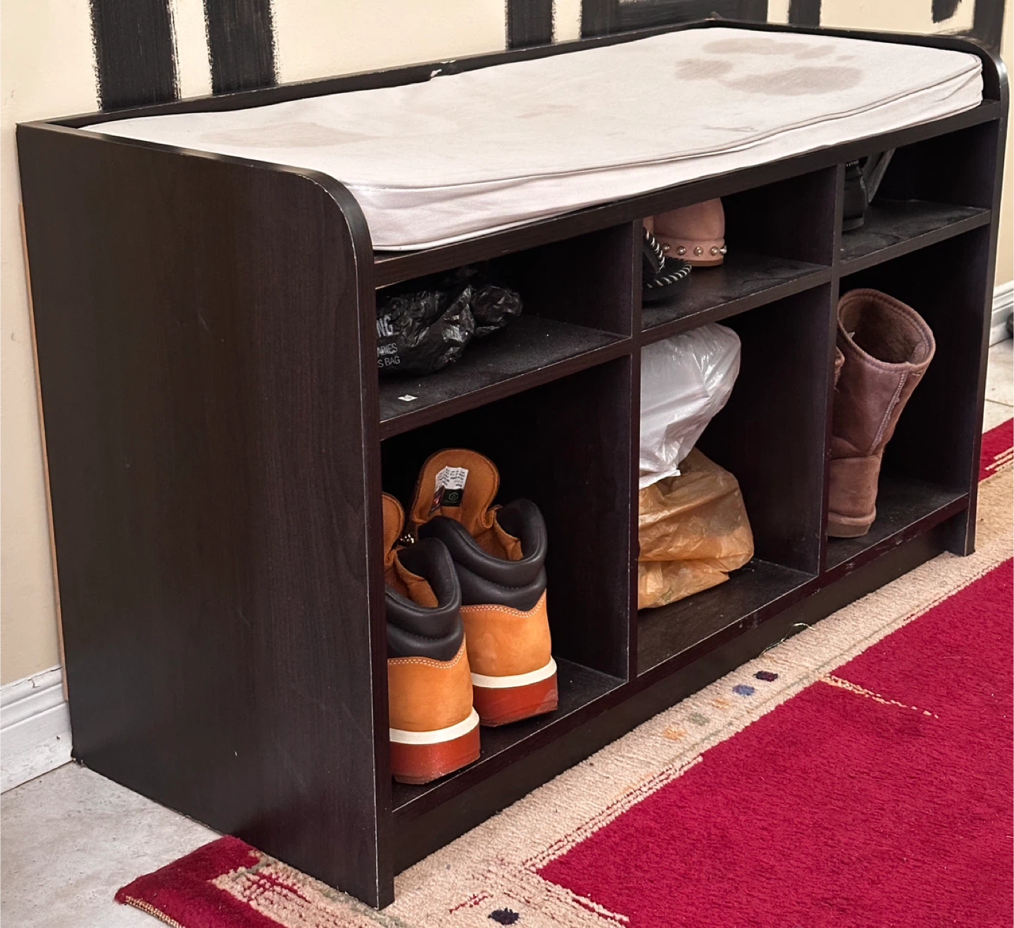 Dark Wood Shoe Bench with 6 Compartments and Padded Seat