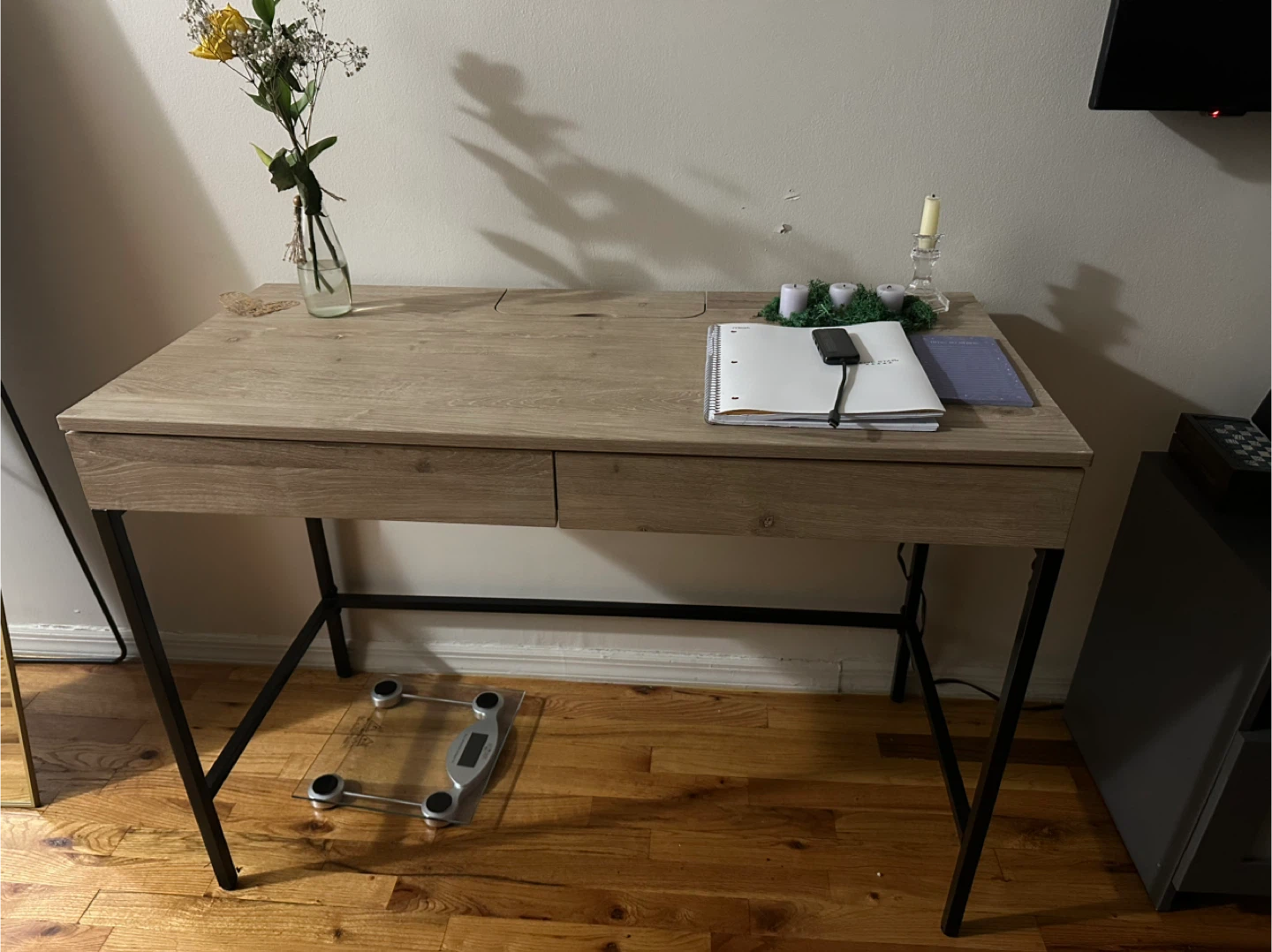 Wood Grain Writing Desk with Built-in Power Outlets