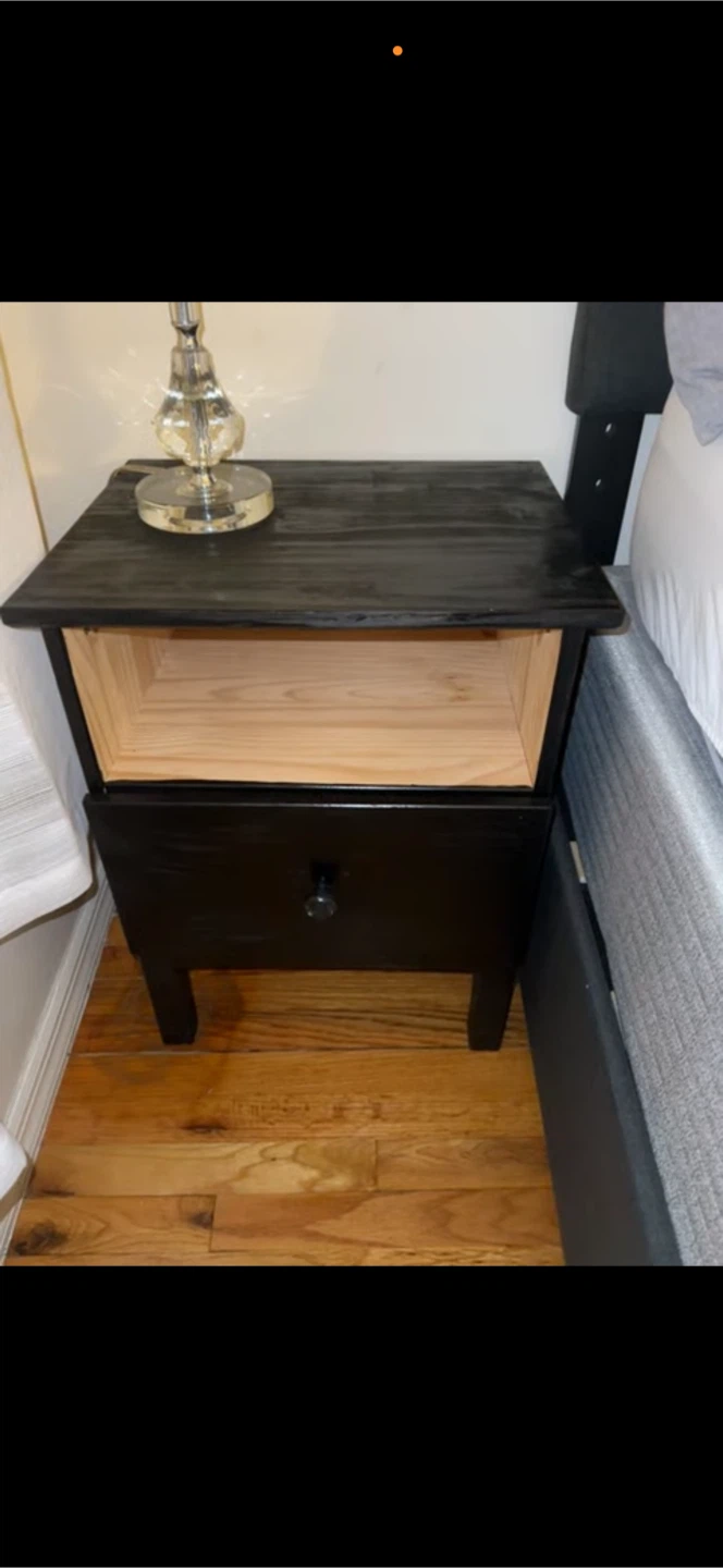Black Wood Nightstand with Drawer and Open Shelf