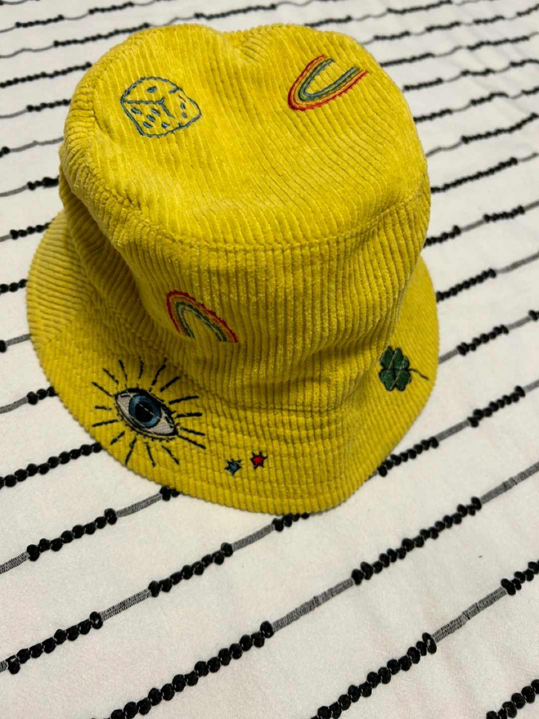 Yellow Corduroy Bucket Hat with Embroidered Designs