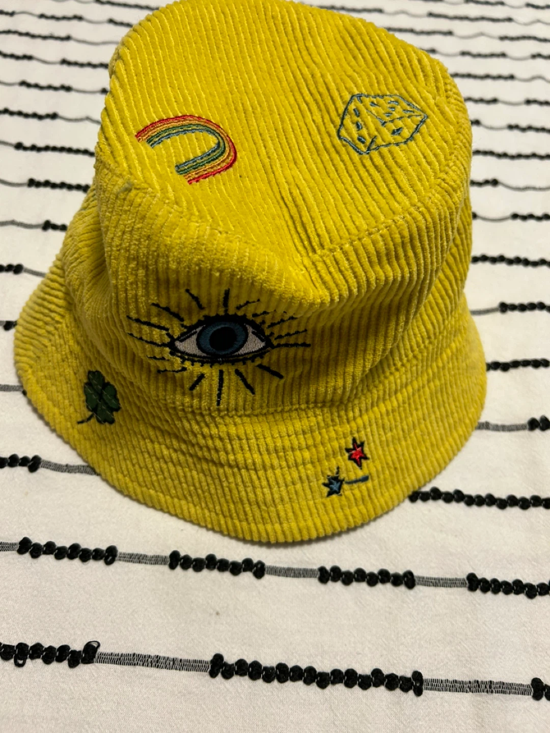 Yellow Corduroy Bucket Hat with Embroidered Designs - photo 2