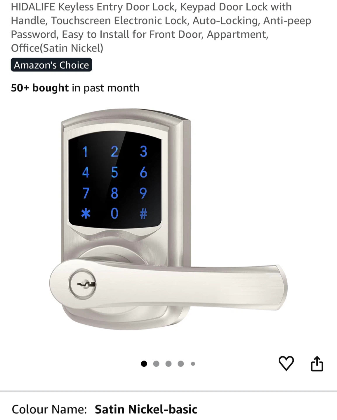 HIDALIFE Keyless Entry Door Lock Satin Nickel HK5
