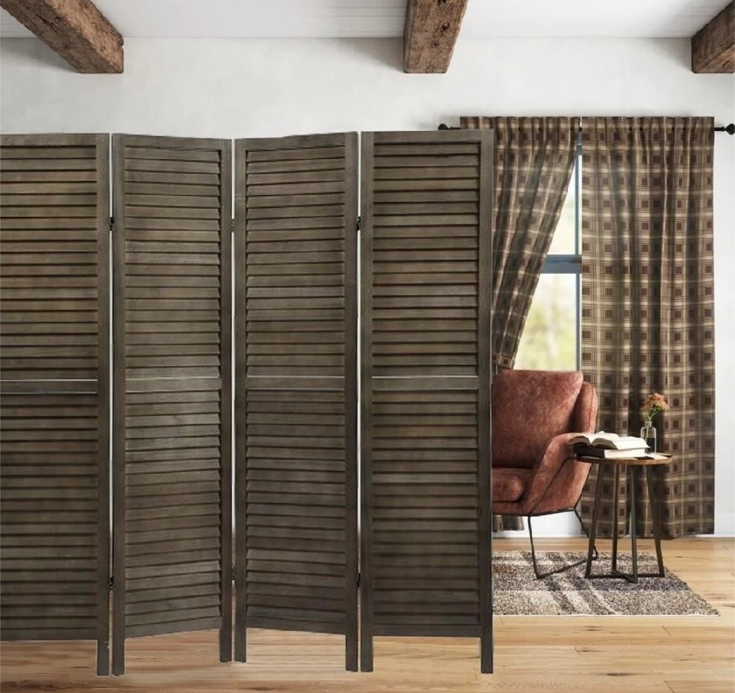 4-Panel Wood Folding Room Divider - Brown - photo 4