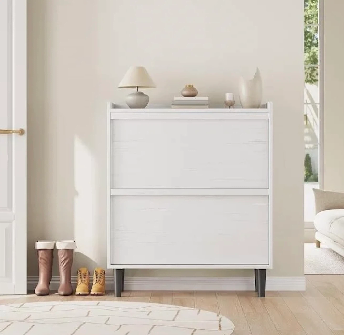 White Shoe Cabinet with Flip Drawers