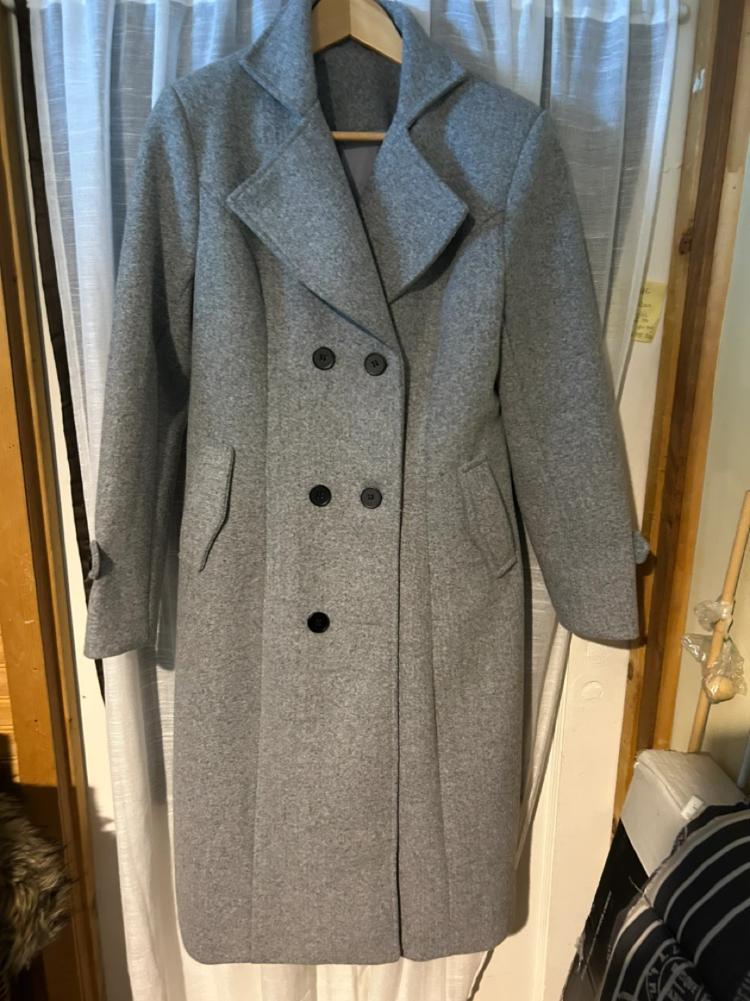 Women's Grey Double-Breasted Wool Blend Coat