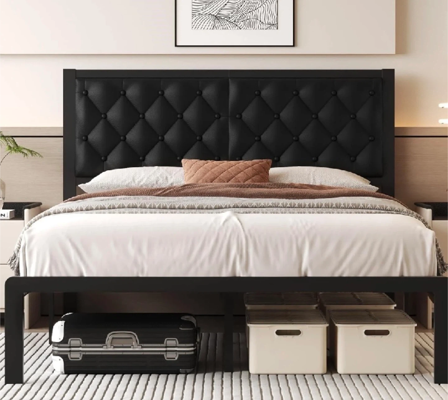Queen Button Tufted Bed Frame with Headboard - Black
