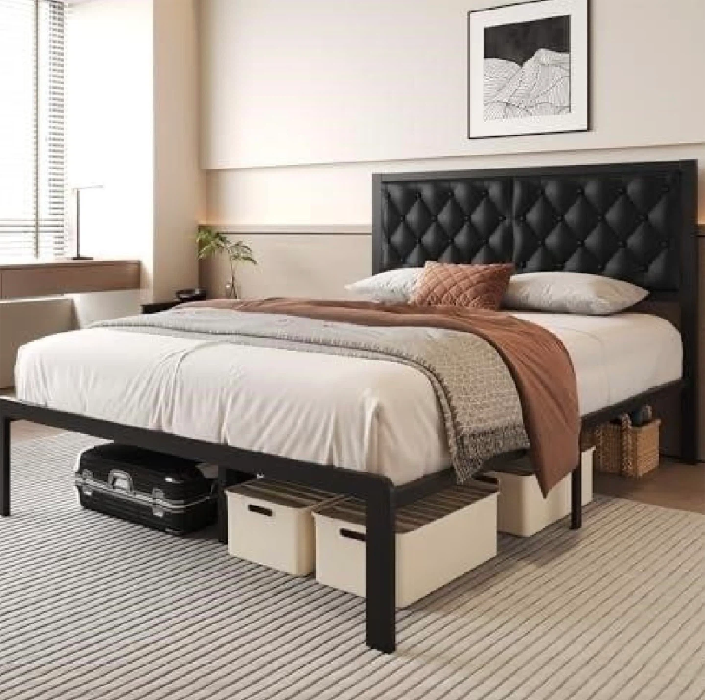 Queen Button Tufted Bed Frame with Headboard - Black - photo 3