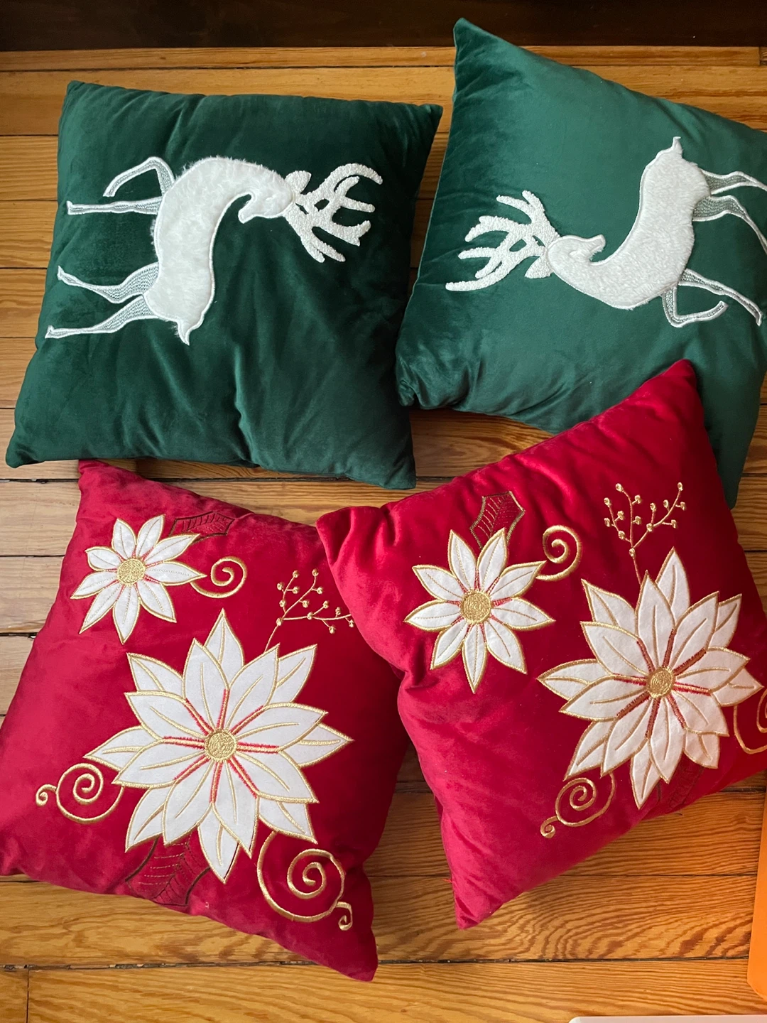 Set of 4 Christmas Throw Pillows - Reindeer & Poinsettia