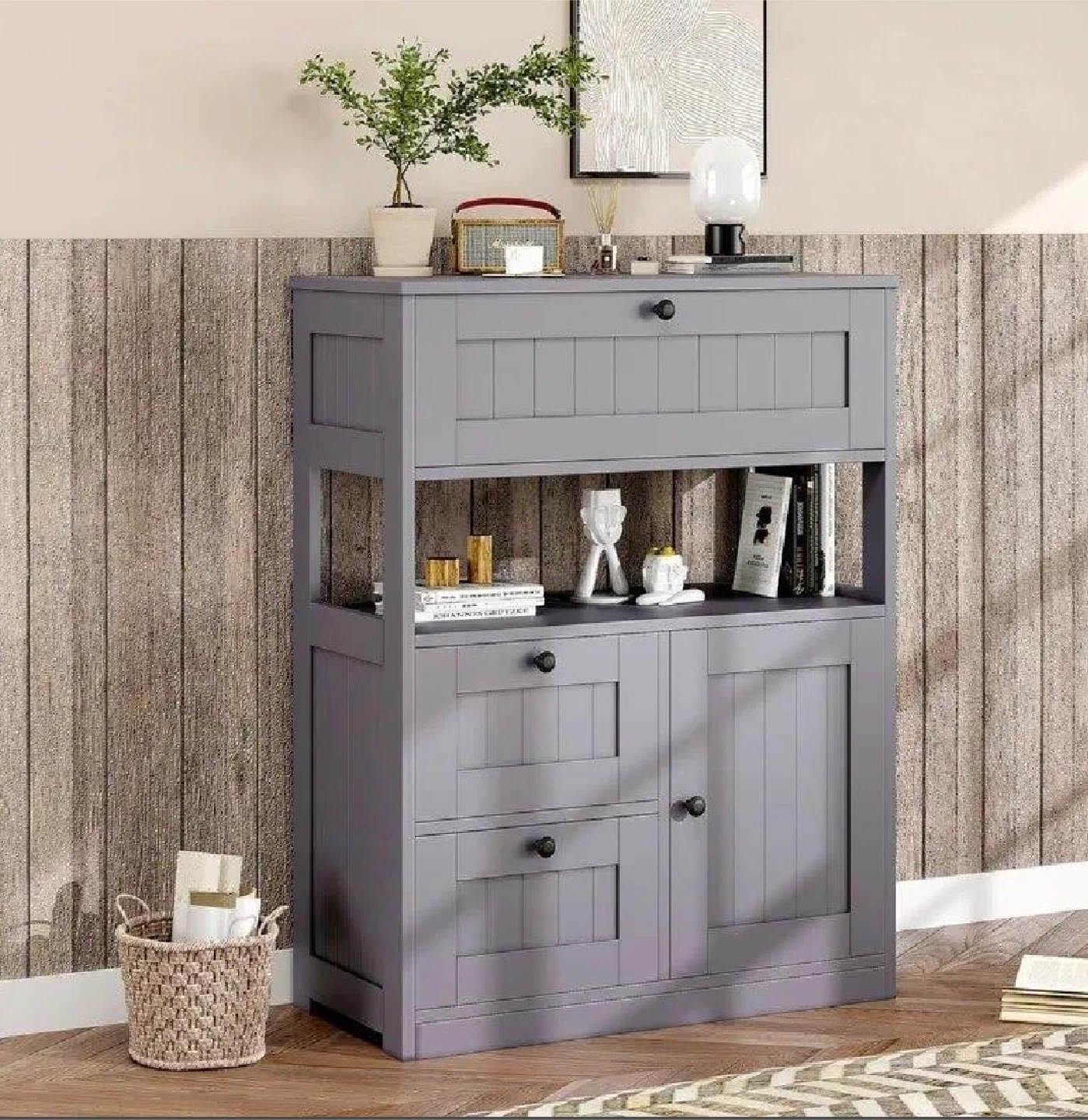 Grey Storage Cabinet with Adjustable Shelves