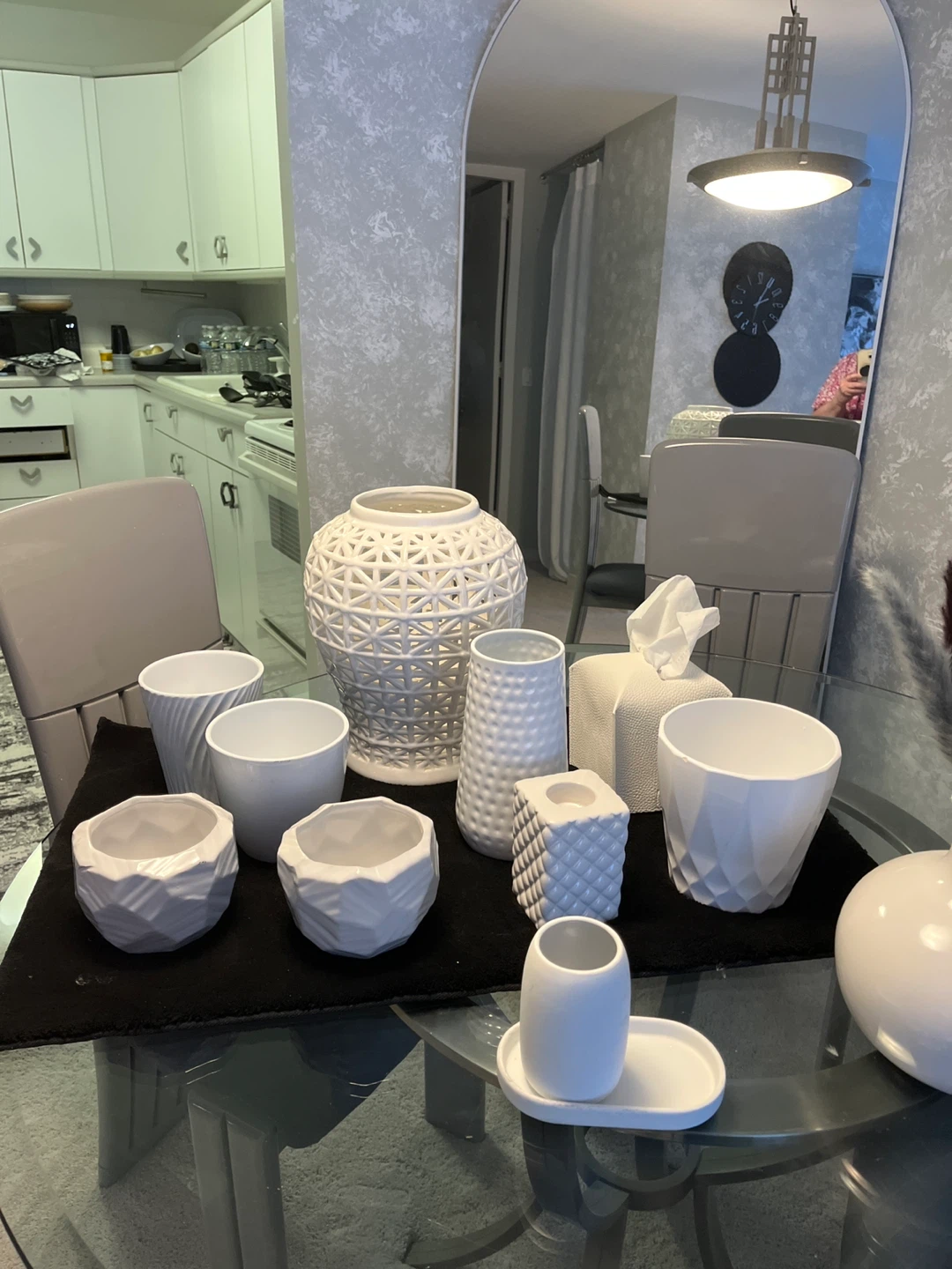 Set of White Ceramic Vases and Holders