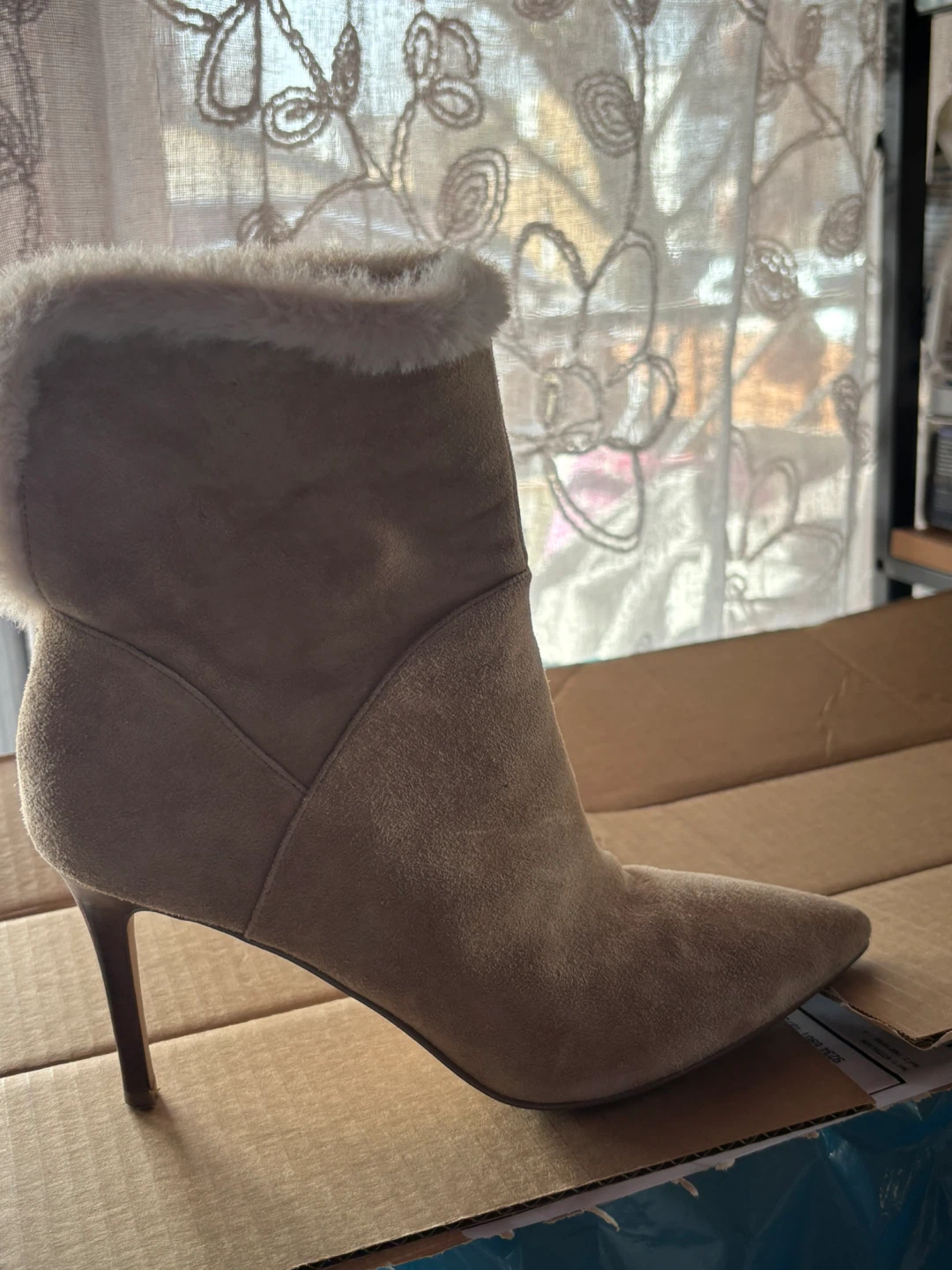 Women's Tan Suede Ankle Boots with Faux Fur Trim