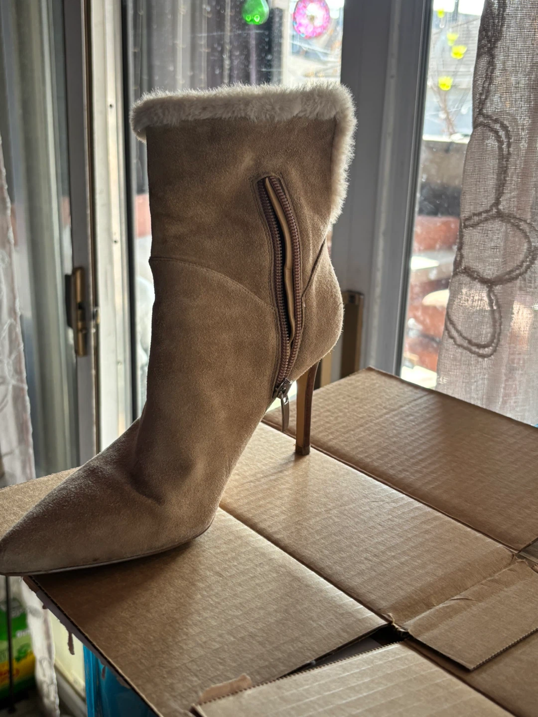 Women's Tan Suede Ankle Boots with Faux Fur Trim - photo 2
