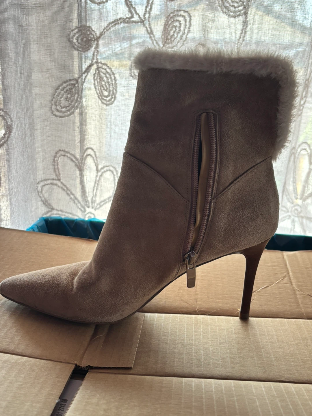 Women's Tan Suede Ankle Boots with Faux Fur Trim - photo 3
