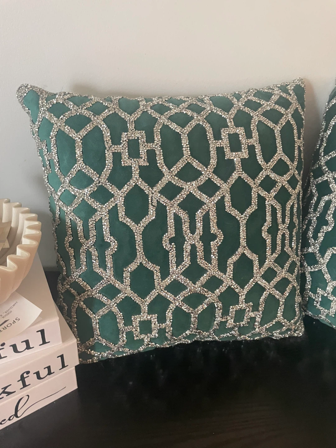 Decorative Throw Pillow - Green Velvet / Silver Geometric Design
