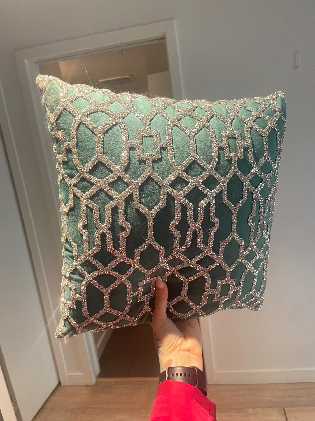 Decorative Throw Pillow - Green Velvet / Silver Geometric Design - photo 4