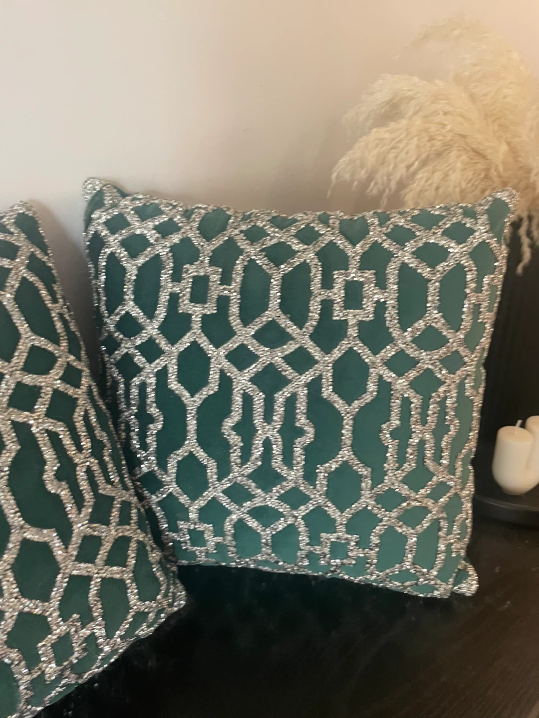 Decorative Throw Pillow - Green Velvet / Silver Geometric Design - photo 2