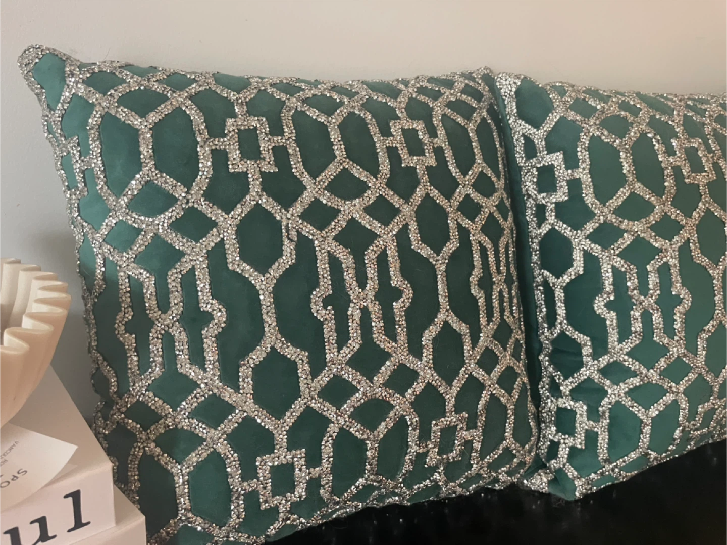 Decorative Throw Pillow - Green Velvet / Silver Geometric Design - photo 3