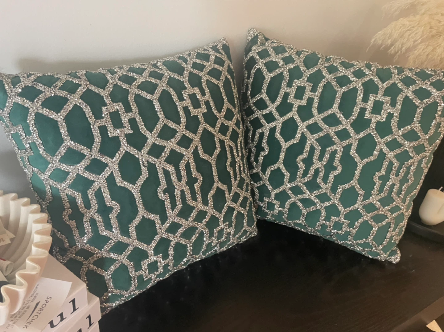 Decorative Throw Pillow - Green Velvet / Silver Geometric Design - photo 5