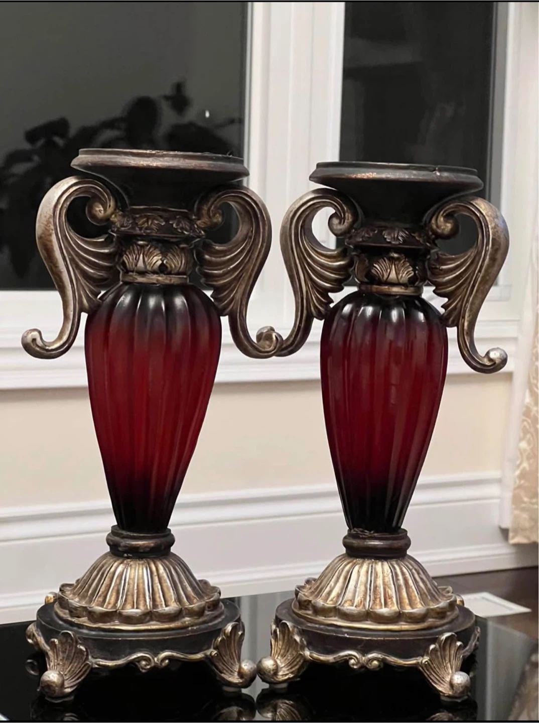 Set of 2 Vintage Red Glass Candlesticks