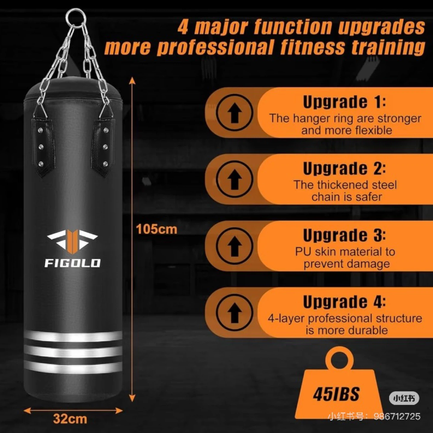 FIGOLO Punching Bag with Hanging Kit - 105cm Black - photo 2