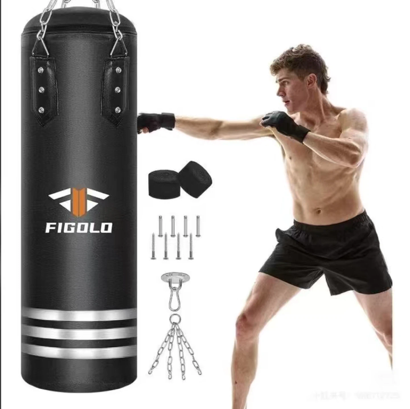 FIGOLO Punching Bag with Hanging Kit - 105cm Black