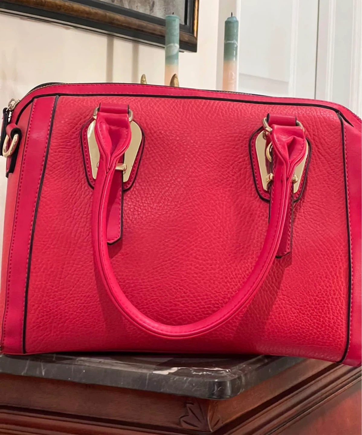 Red Textured Satchel Handbag