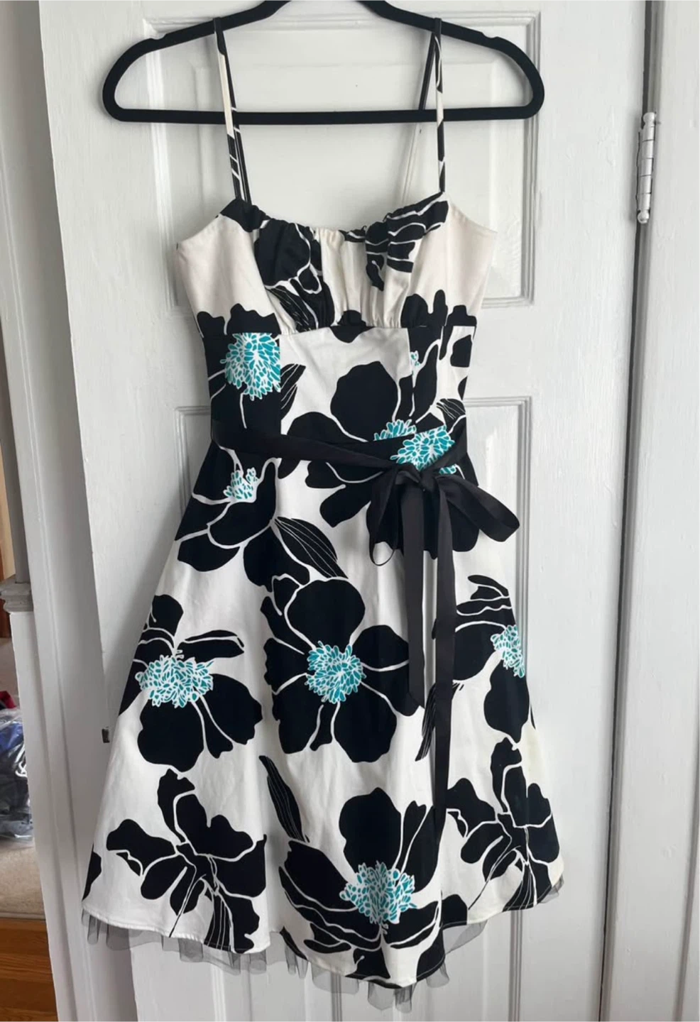 Laura Petites Floral Dress Black White Blue Size 02