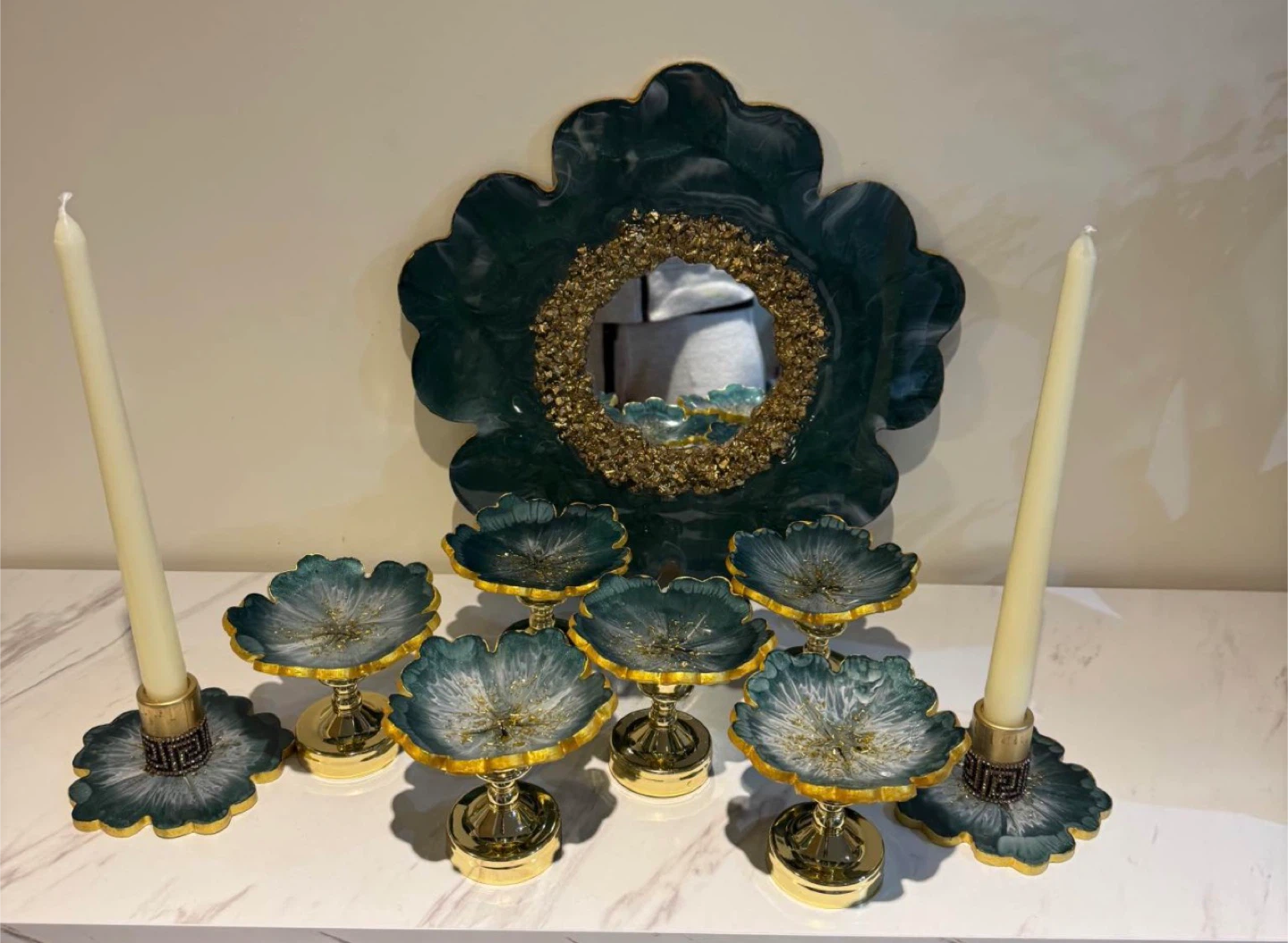 Resin Flower Candlesticks and Decorative Mirror Set