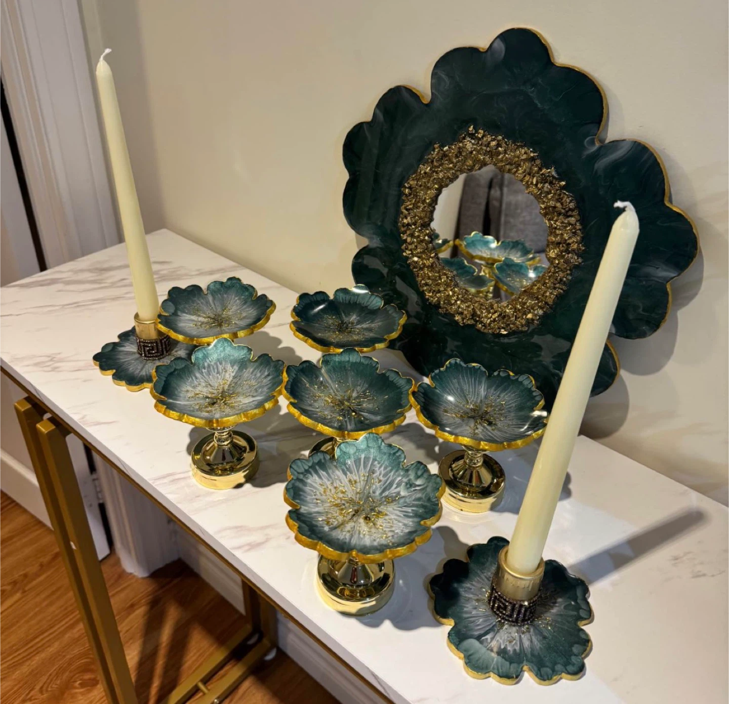 Resin Flower Candlesticks and Decorative Mirror Set - photo 2