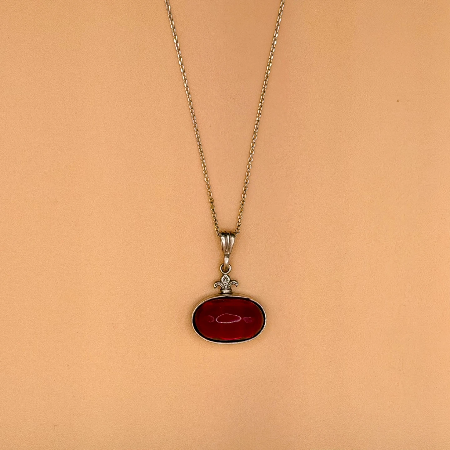Silver Chain Necklace with Red Oval Pendant