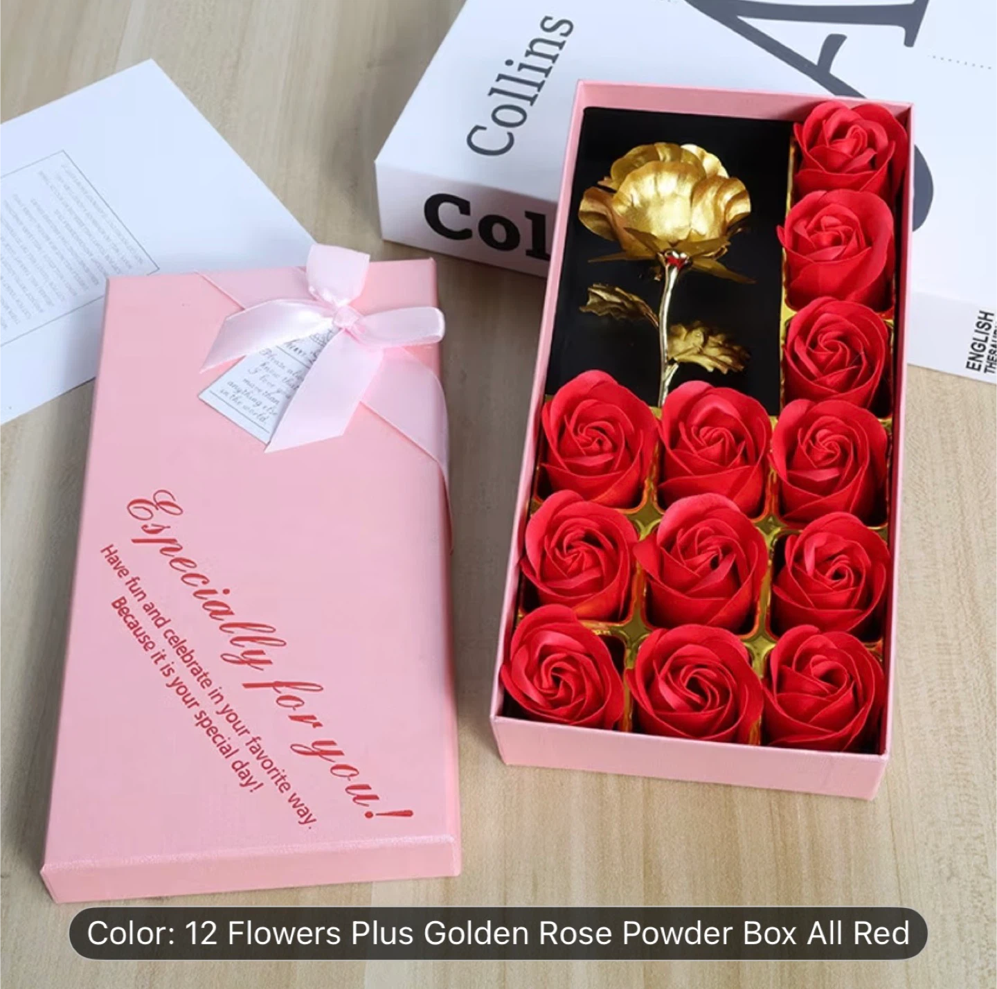 12 Soap Roses Gift Box with Gold Plastic Rose