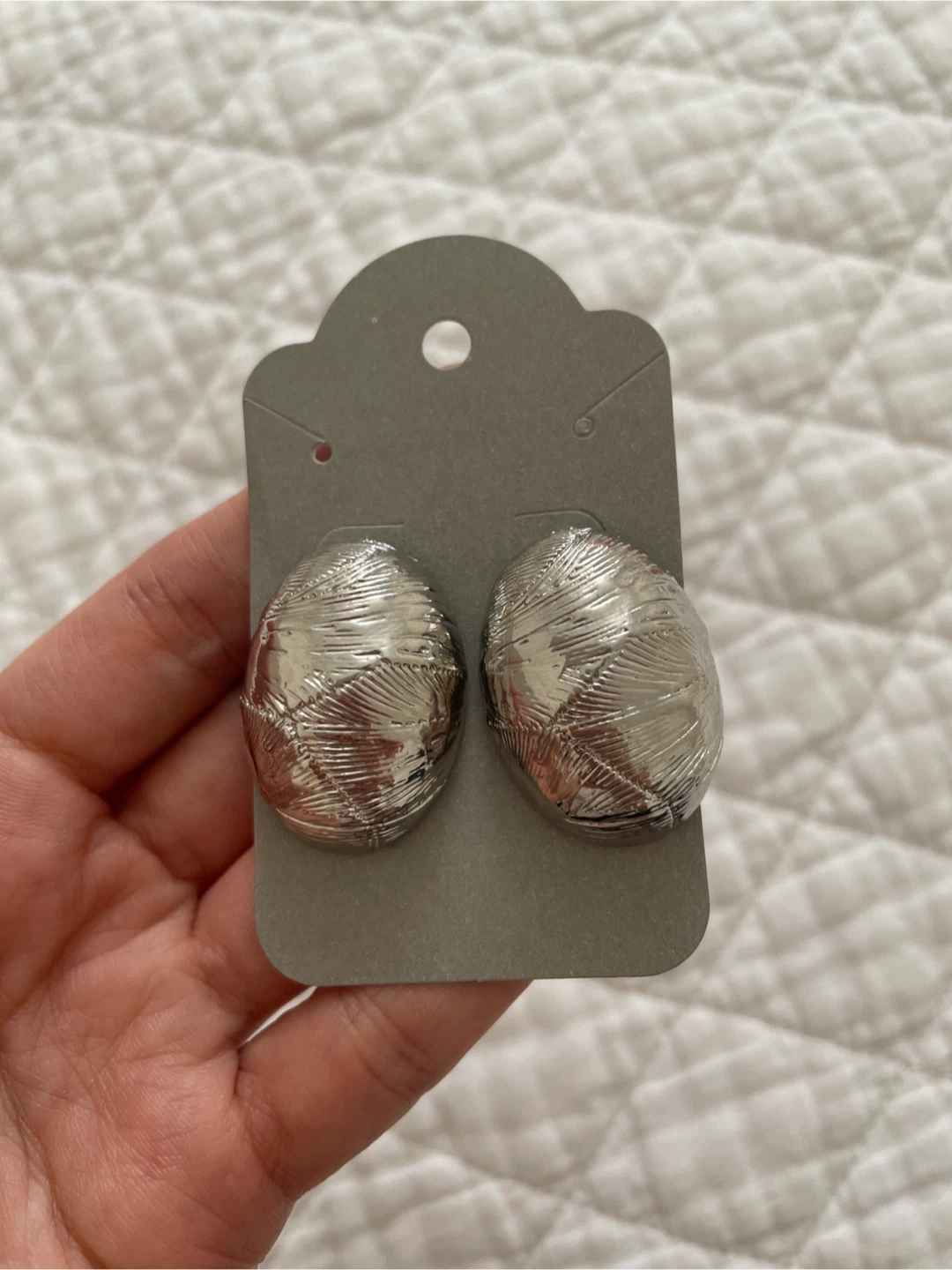 New Large Silver Textured Oval Earrings