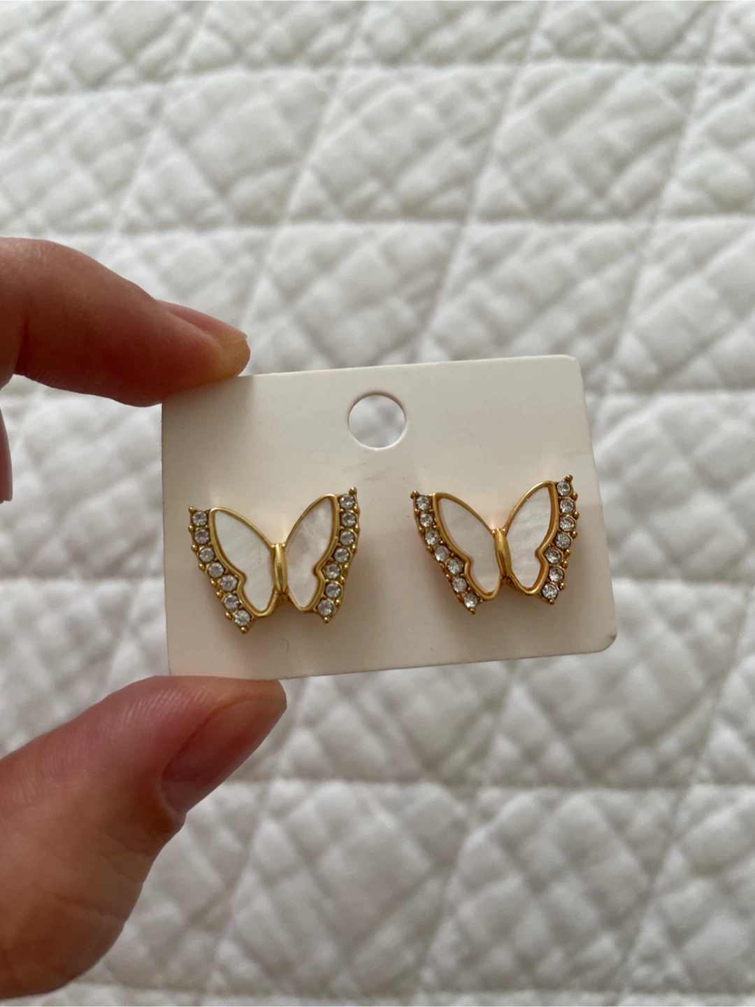 Gold Butterfly Earrings with White Inlay and Rhinestones