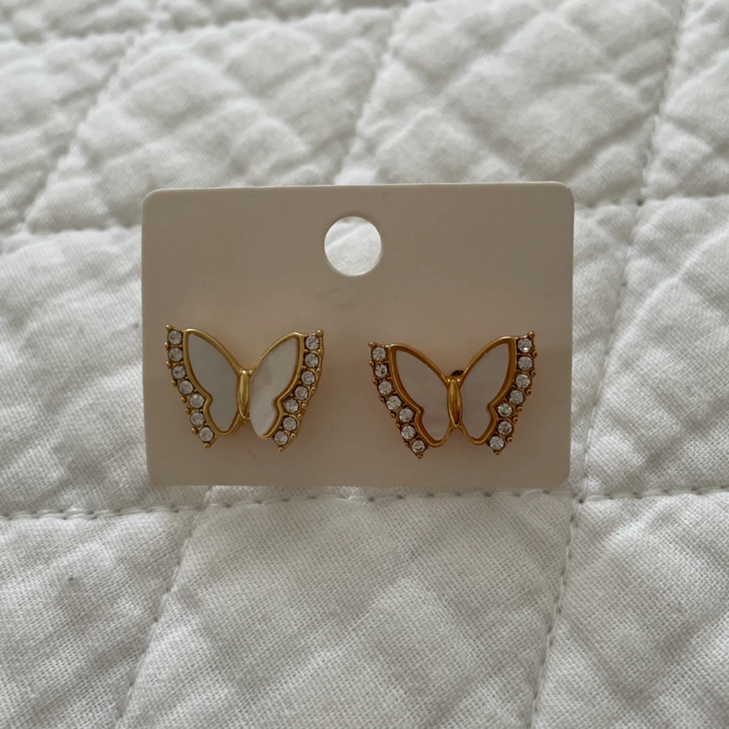 Gold Butterfly Earrings with White Inlay and Rhinestones - photo 2