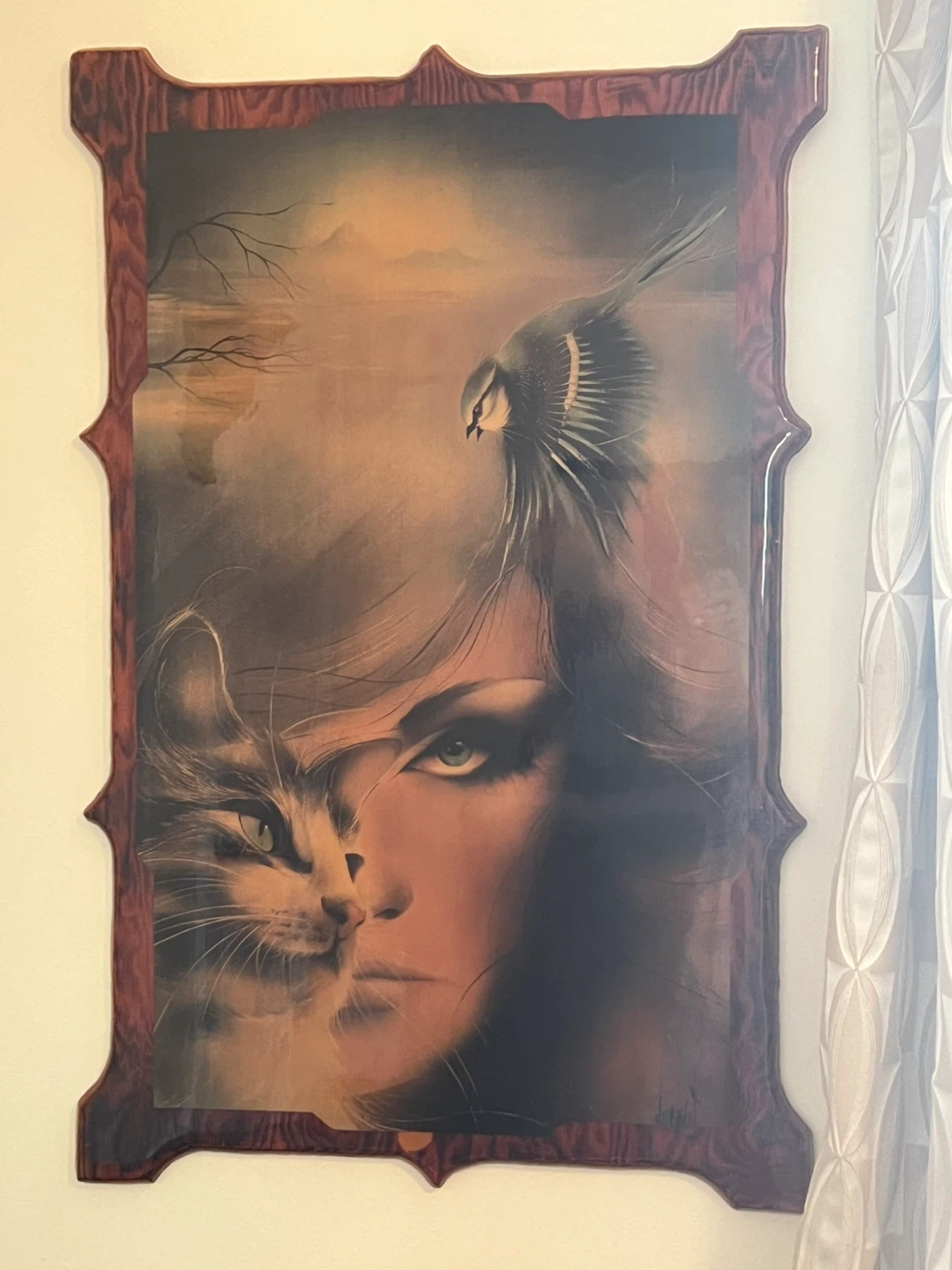 Framed Fantasy Art Print: Cat, Woman, and Bird