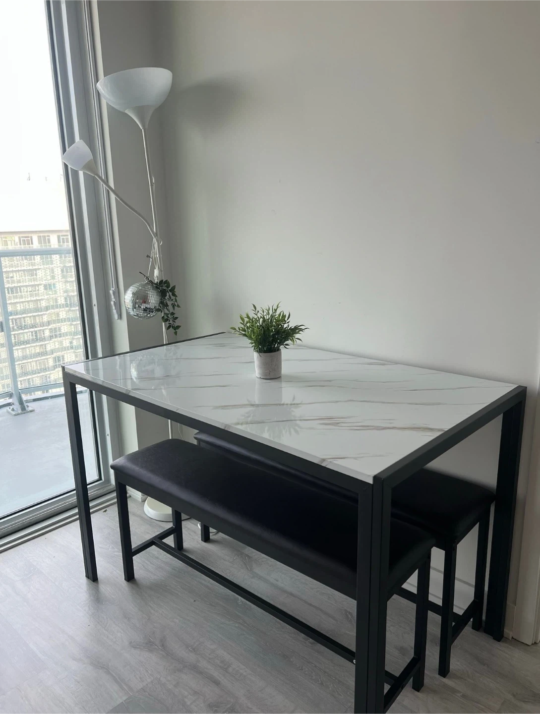 Marble Top Dining Table Set with 2 Benches