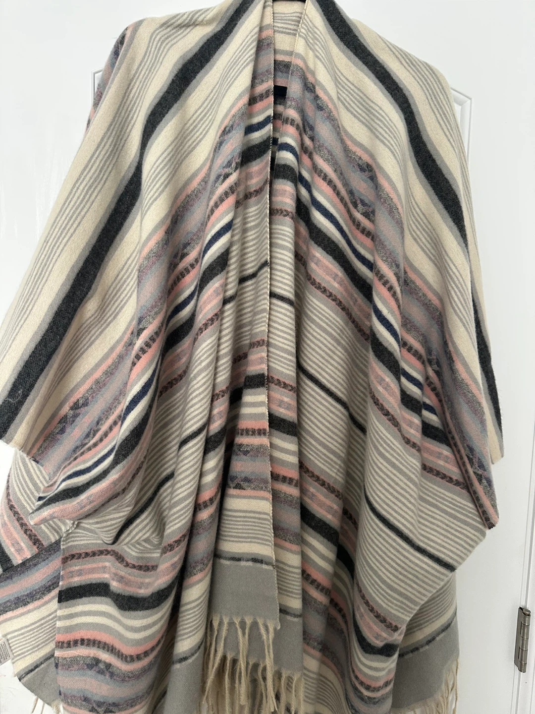 Striped Poncho Shawl with Fringe