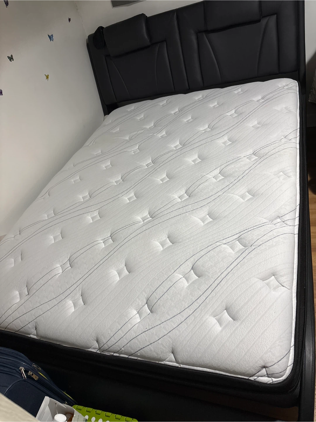 Black Faux Leather Queen Size Bed Frame with White Mattress - photo 2