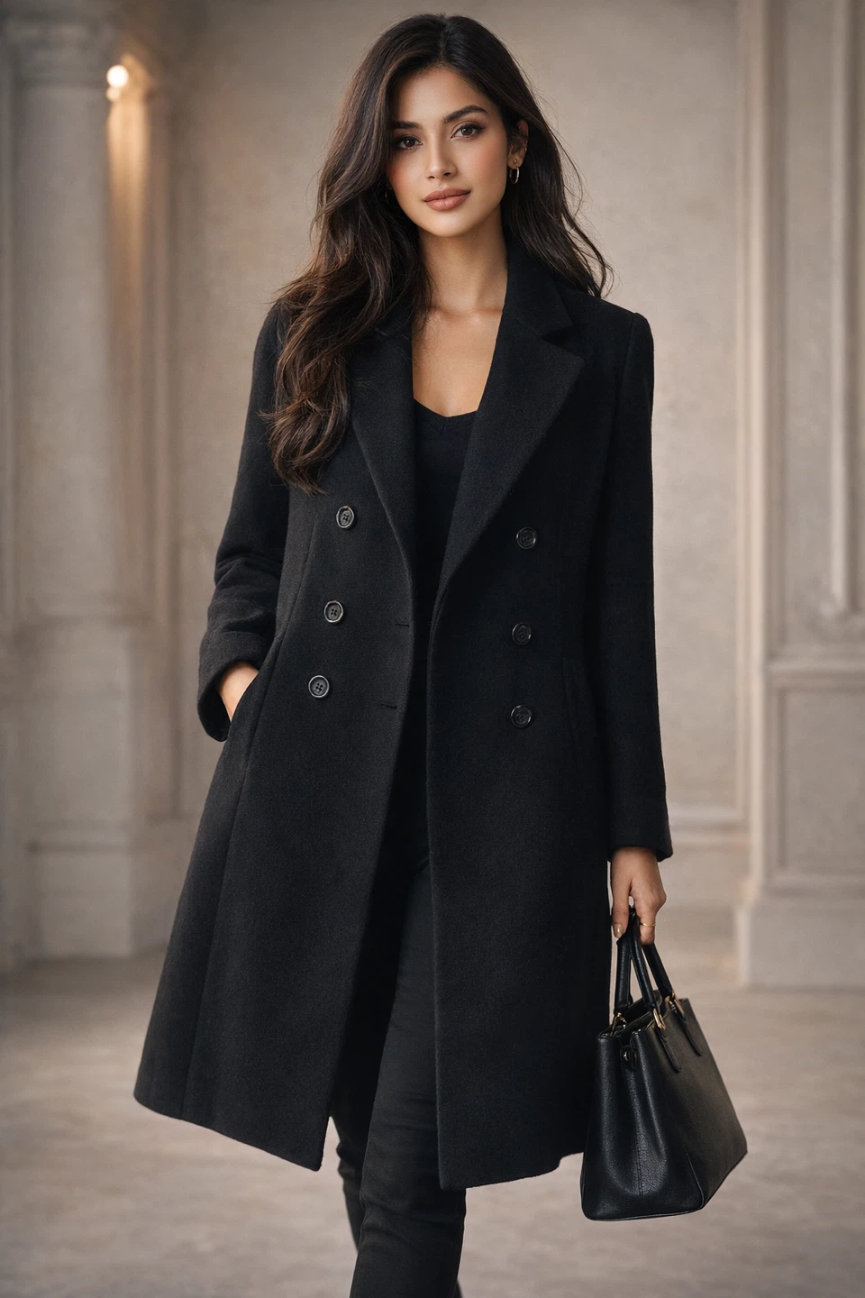 Elegant Black Double-Breasted Wool Coat
