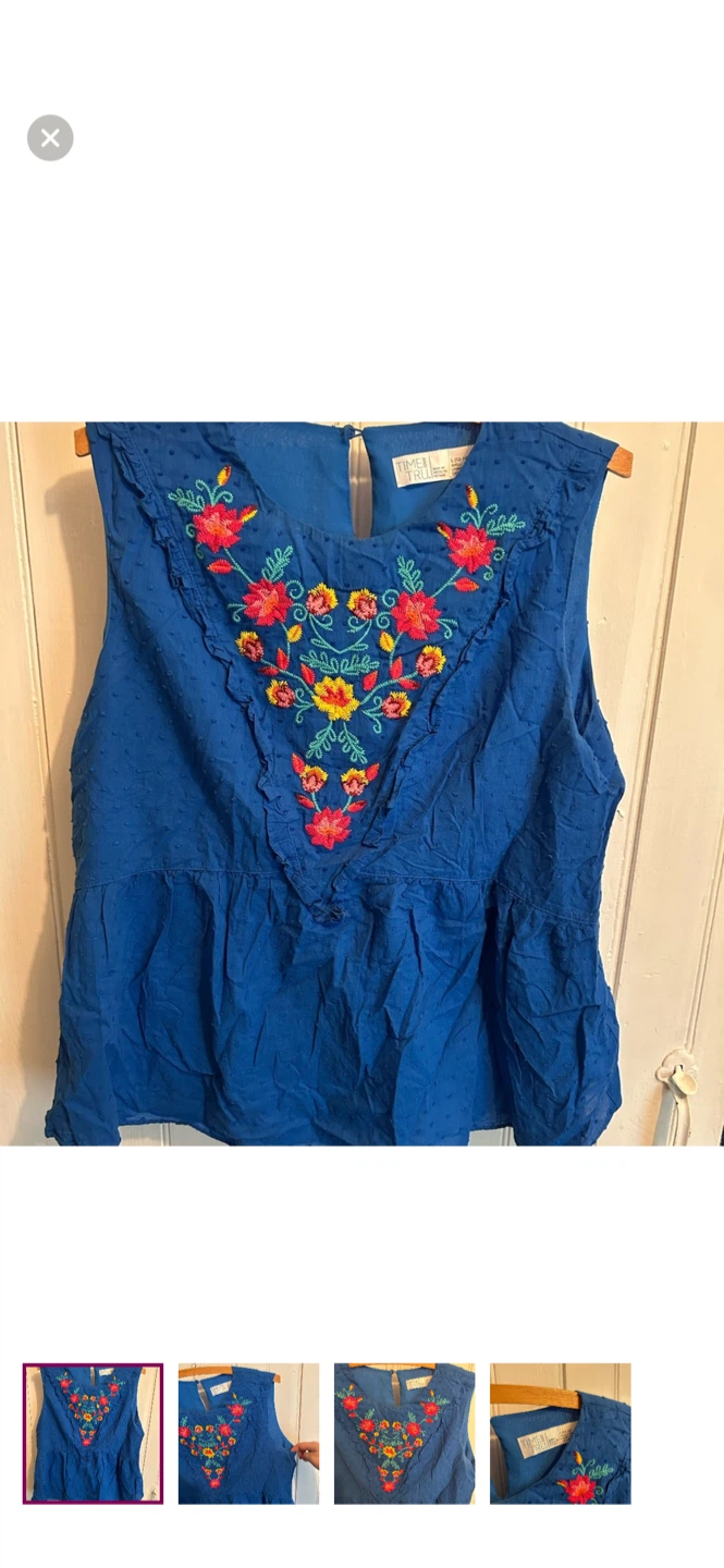 Time and Tru Blue Embroidered Peplum Top L (12-14)
