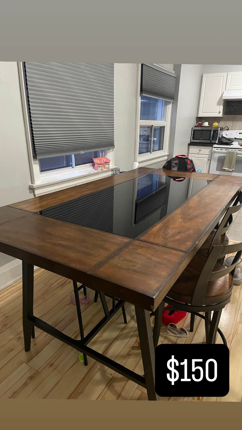 Wooden Dining Table with Black Glass Insert
