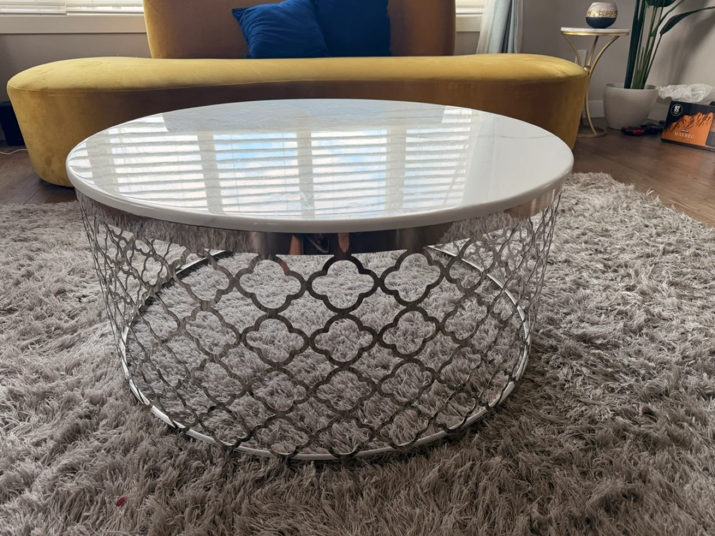 Belle 36" Glam Round Sofa Table - White Marble Top