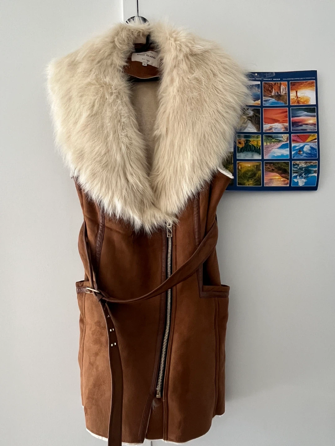 River Island Brown Suede Vest with Fur Collar