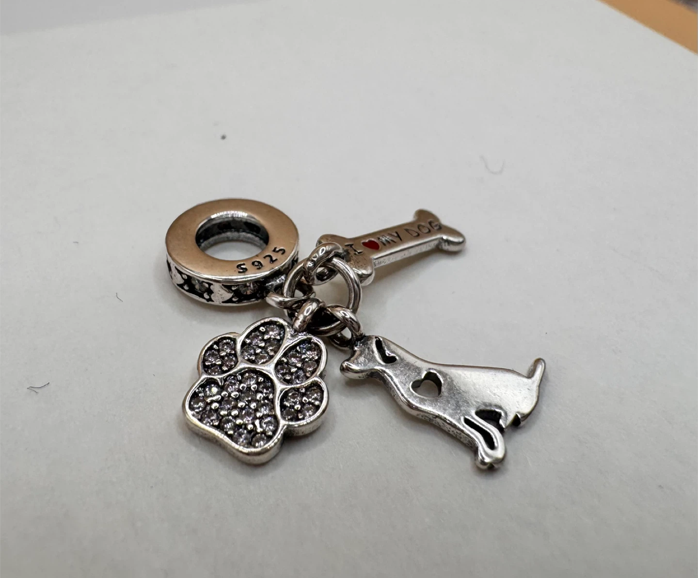 Sterling Silver 925 "I Love My Dog" Charm with Paw Print