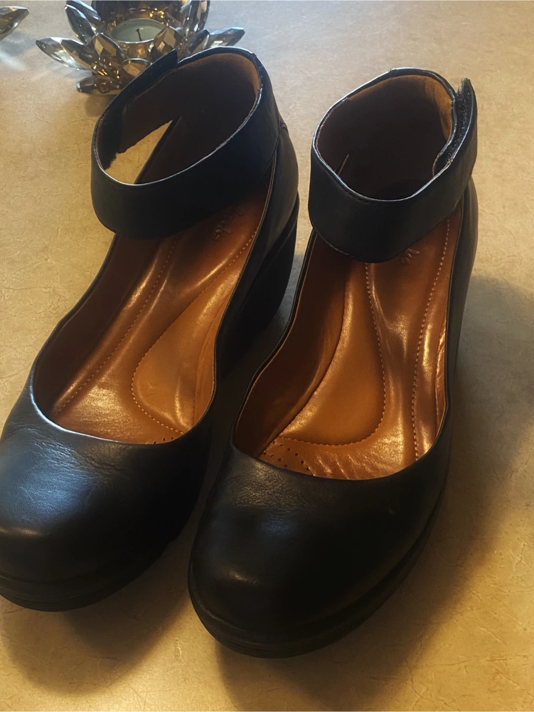 🖤Clarks Black Leather Wedge Shoes with Ankle Strap